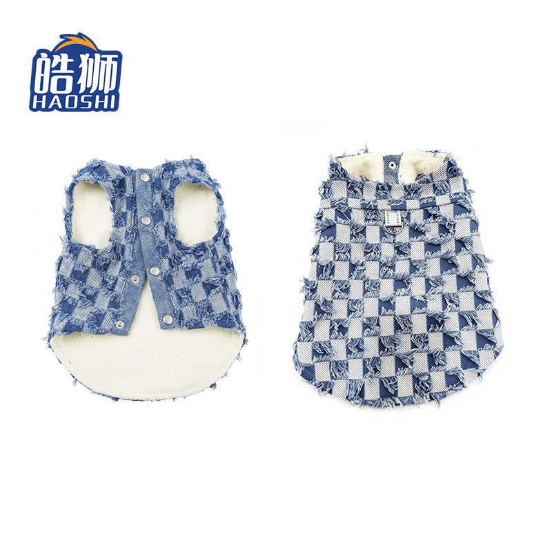 Frayed Denim Plaid Dog Vest, Warm Lined Dog Coat for Small Dogs, Stylish Puppy Jacket with D-Ring, Pet Clothes for Fall Winter