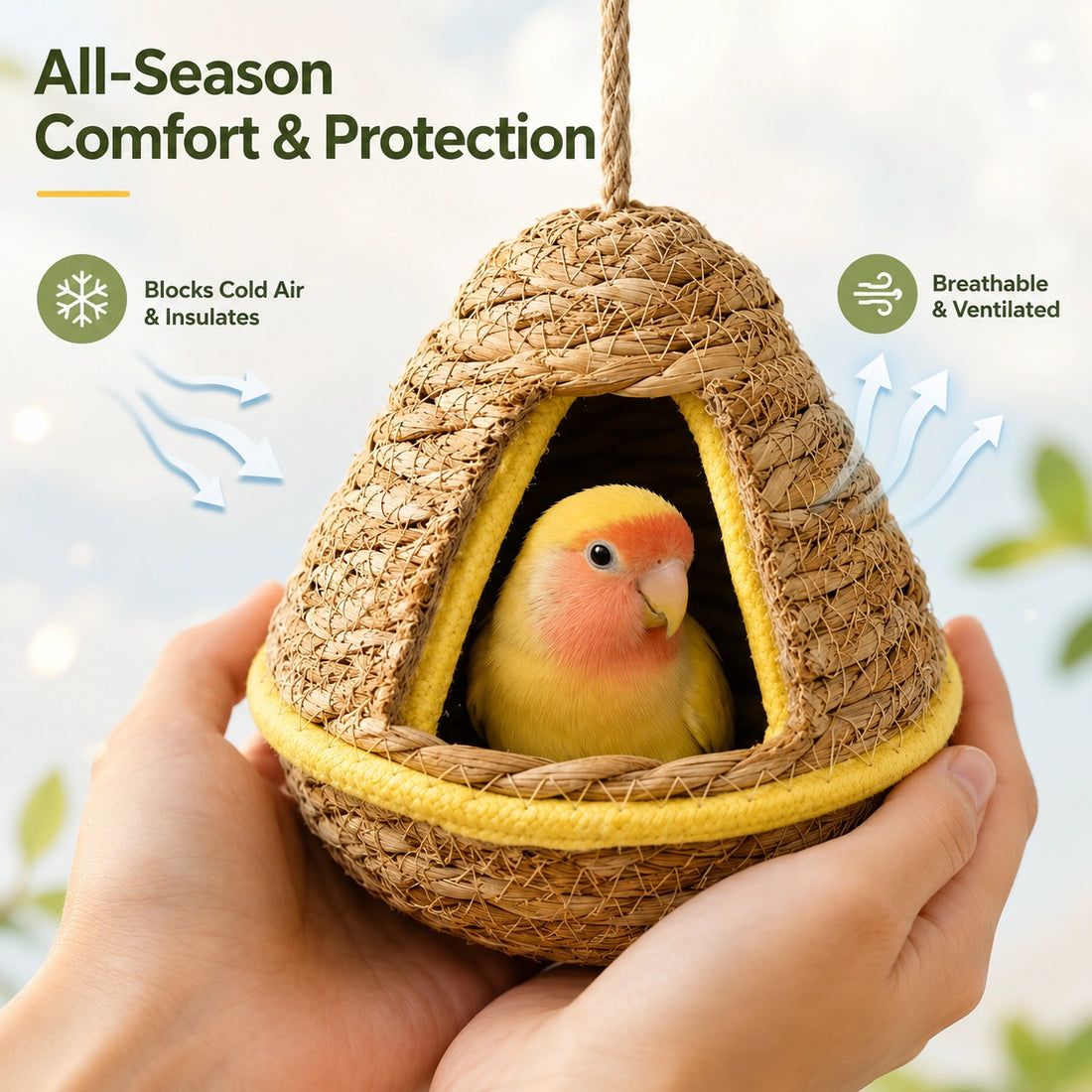 Natural Bird Hideaway & Climbing Ladder Toy for Small Birds – Forest Style Hanging Nest with Perch Ladder for Lovebirds, Budgies & Cockatiels
