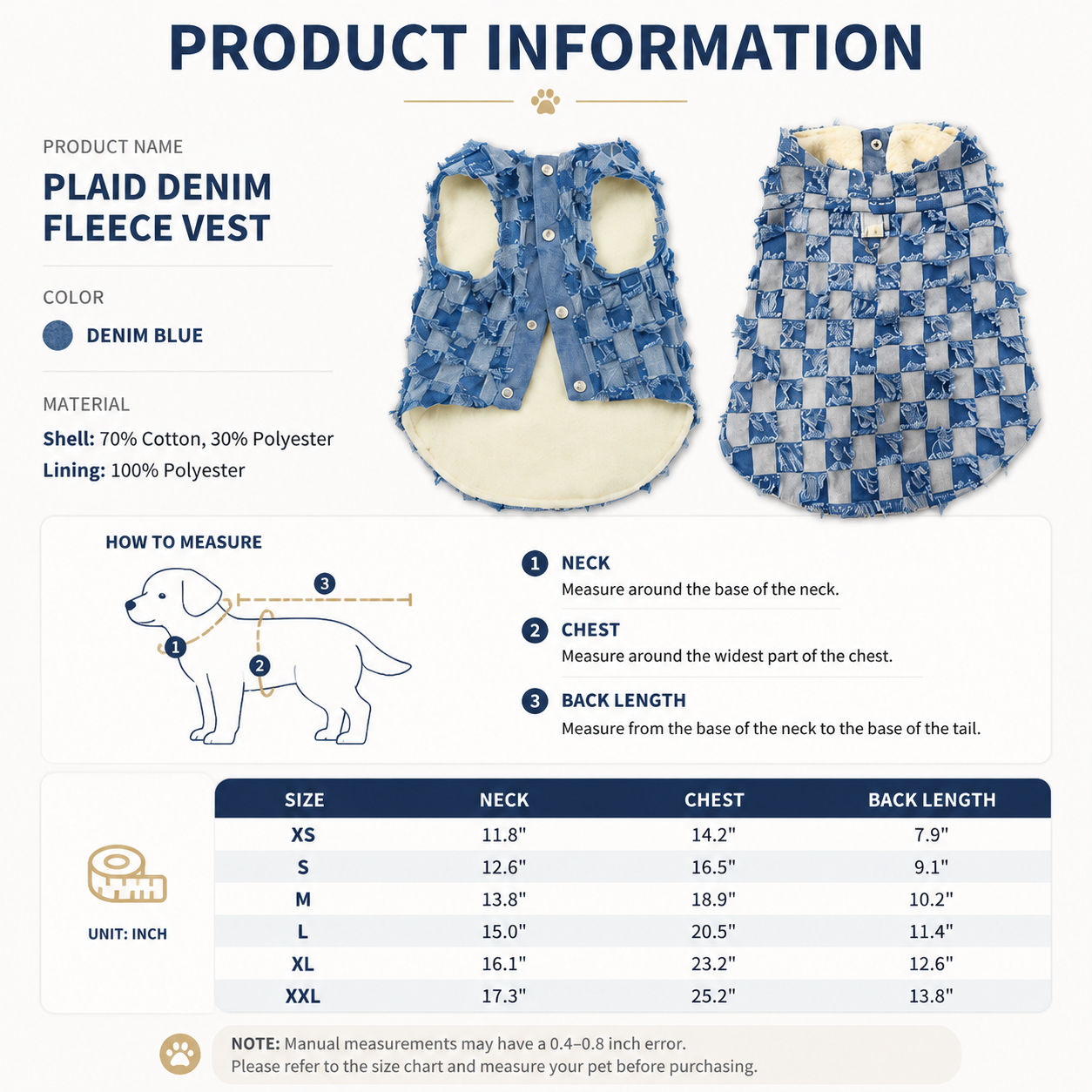 Frayed Denim Plaid Dog Vest, Warm Lined Dog Coat for Small Dogs, Stylish Puppy Jacket with D-Ring, Pet Clothes for Fall Winter