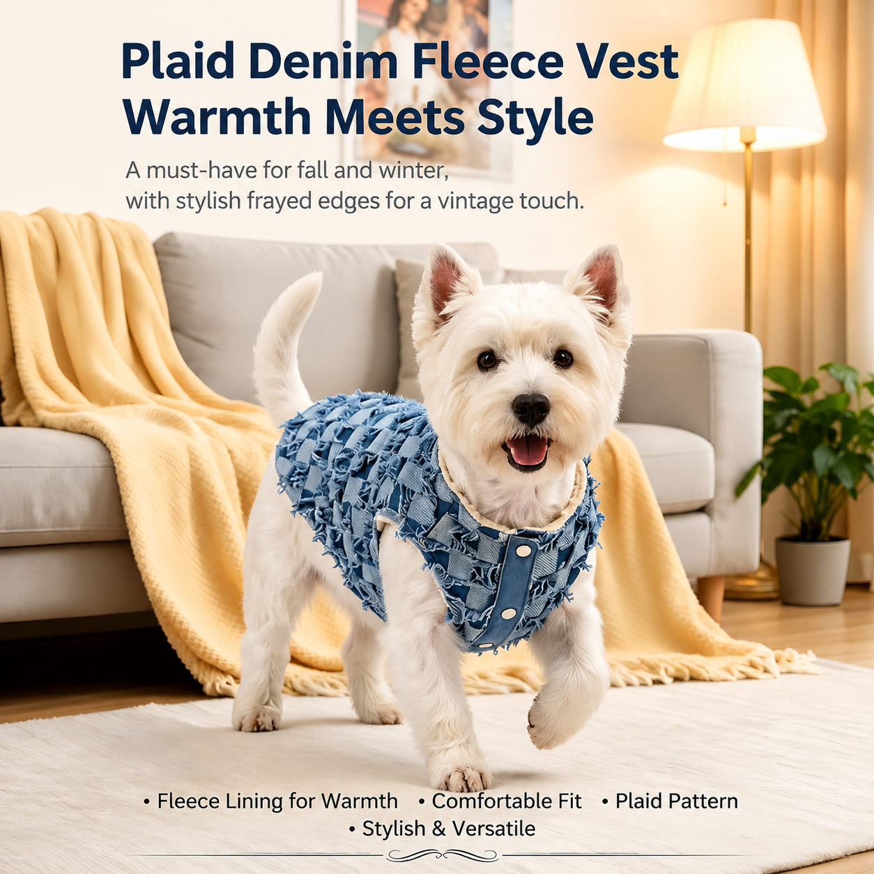 Frayed Denim Plaid Dog Vest, Warm Lined Dog Coat for Small Dogs, Stylish Puppy Jacket with D-Ring, Pet Clothes for Fall Winter