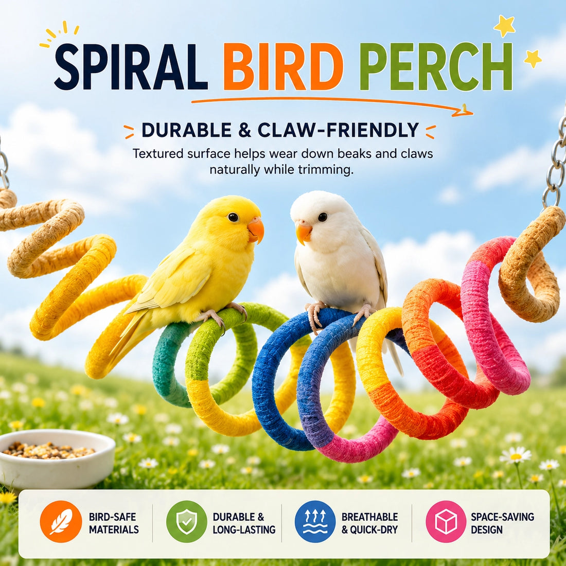 Colorful Spiral Bird Perch Toy for Small & Medium Birds
