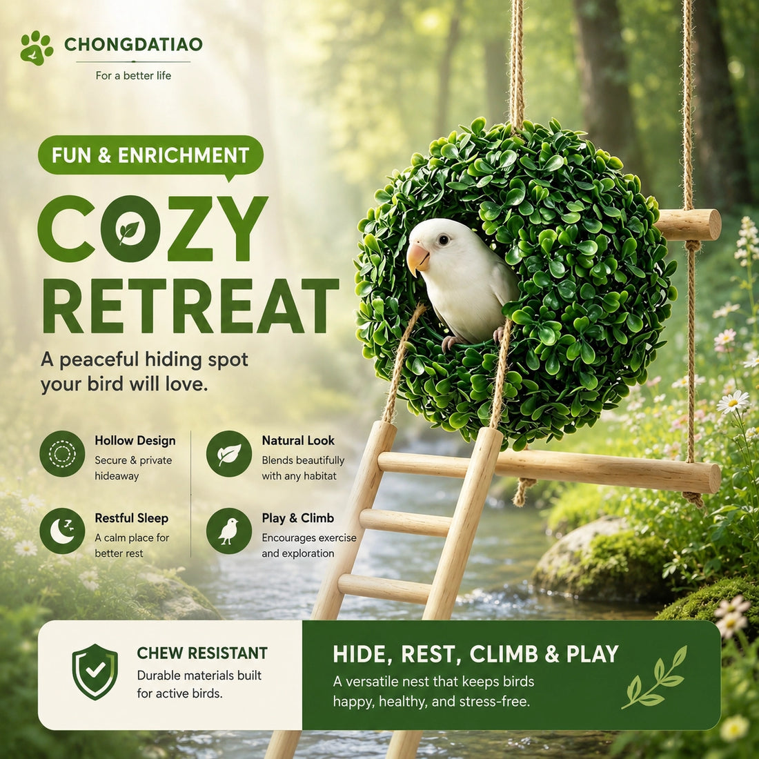 Artificial Boxwood Bird Nest Hideaway with Ladder for Small Birds